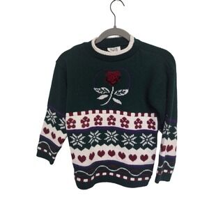 SOSTANZA Green Rose Snowflake Heart Fair Isle Knit Sweater Women